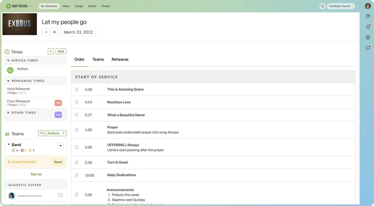 Planning Center Services worship plan view, July 2026