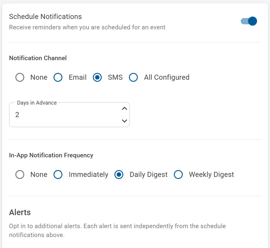 Church Planner schedule notification settings with SMS reminders and digests