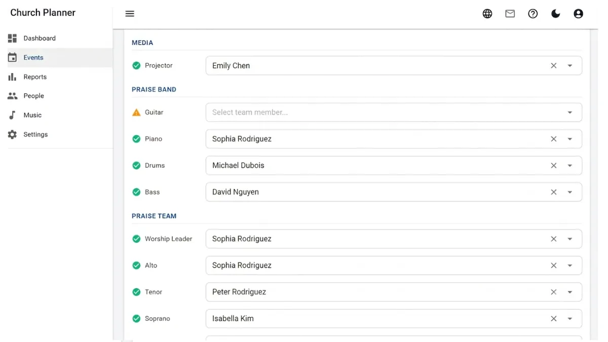 Church Planner volunteer scheduling with praise band and team positions