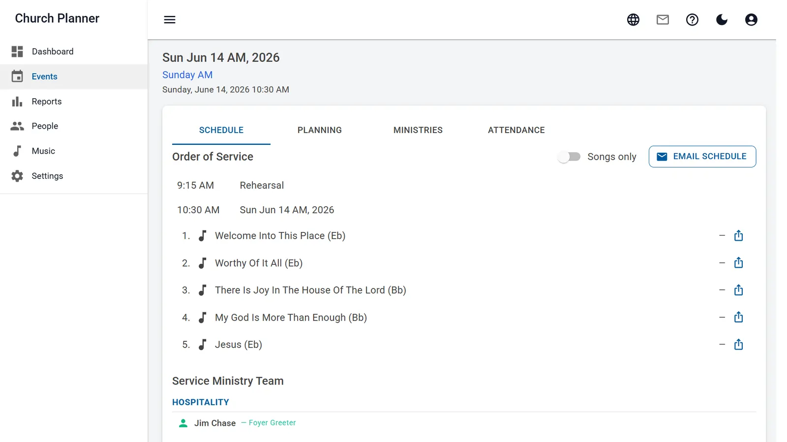 Church Planner service plan with order of service, song keys, and ministry team
